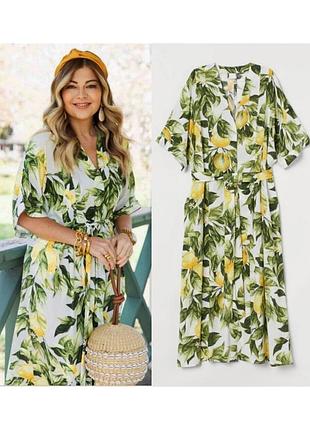 Летнее платье миди платье в лимонах h&amp;m вискозное платье с поясом штапель оверсвз платье женская