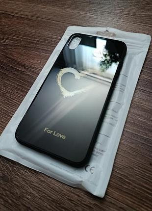 Чехол для iphone xs, max черного цвета с глянцевой поверхностью с принтом сердечка и надписью for love