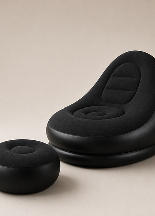 Надувной диван с пуфом air sofa / надувное велюровое кресло с пуфиком+насос черный