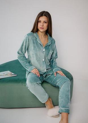 Пижама женская бирюзовая велюровая velur — тёплый комплект для сна и дома, кофта и штаны m