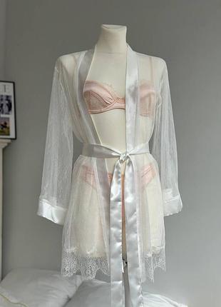 Халат женский белый кружевной прозрачный с поясом elegant — сексуальный халат из кружева для сна и дома