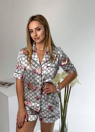 Піжама жіноча біла gucci - шовковий комплект сорочка та шорти