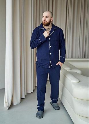Мужская муслиновая пижама синяя men's pajamas — комплект рубашка и штаны для сна и дома l