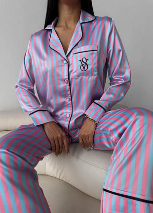 Пижама женская шелковая в полоску victoria's secret — рубашка и брюки + подарочная упаковка vs l