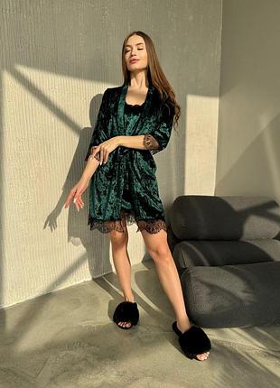 Домашний комплект emerald зелёный — бархатный велюровый халат и рубашка женский комплект для дома