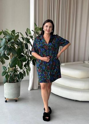 Ночная рубашка женская синяя шелковая plus size – атласная сорочка больших размеров для сна и дома 3xl