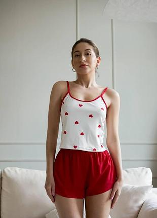 Женская пижама heart белая в сердечках – майка и шорты, летний комплект для сна и дома