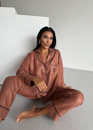 Пижама женская коричневая victoria’s secret — комплект рубашка и штаны (турция) + подарочная упаковка vs m