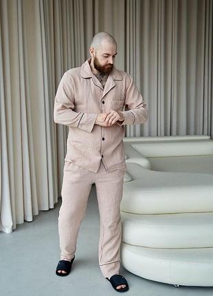 Мужская муслиновая пижама бежевая men's pajamas — комплект рубашка и штаны для сна и дома l