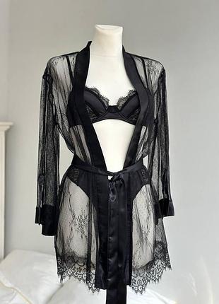 Халат женский черный кружевной прозрачный с поясом elegant — сексуальный халат из кружева для сна и дома
