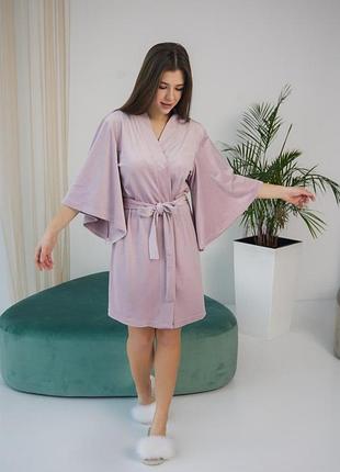Женский велюровый халат violet розовый — домашний халат с шикарным рукавом и поясом