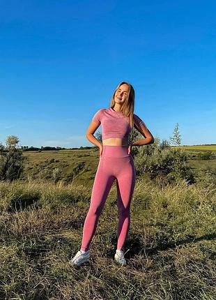 Фитнес костюм женский розовый pink — комплект топ и лосины для спорта и тренировок, утягивающий спортивный набор для фитнеса и йоги m