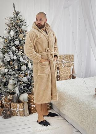 Халат мужской бежевый батал с капюшоном с карманами, размеры 2xl–5xl 3xl