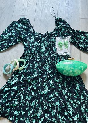 Плаття papaya, чорне з модними квітами мʼятного кольору🩵