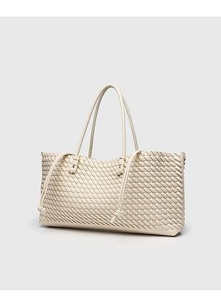 Жіноча плетена сумка zara молочного кольору  велика сумка-шопер на плече  38×18×9 см