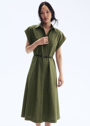 Стильное длинное хлопковое платье-рубашка h&m с поясом