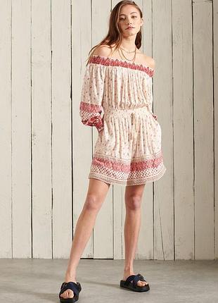 Новий дизайнерський літній ромпер сукня-комбінезон  superdry ameera off the shoulder playsuit у рожево-білому відтінку (pale rose) 42:48 японія 🇯🇵