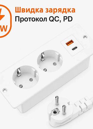 Встраиваемая розетка мебельная folem rzs, для стола с type-c, usb, быстрая зарядка pd 20w, врезная двойная - белый