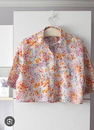 Льняная оверсайз укороченная рубашка в цветы от h&amp;m