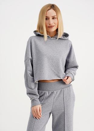 Жіночий укорочений худі вільного крою з необробленними швами giulia street style 4418/160 l grey-grey melange