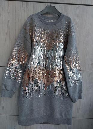 Брендовое серое теплое платье river island расшитое пайетками для девочки 9-10р