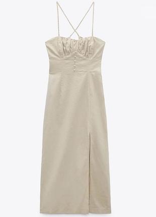 Льняное платье миди сарафан на бретелях zara