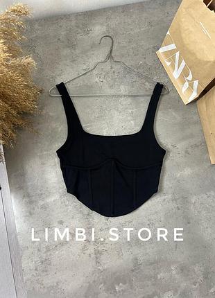 🌷чорний топ в рубчик в корсетному стилі черный топ в корсетном стиле pull&bear