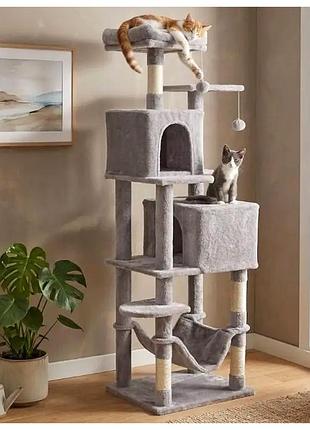 Кігтеточка ігровий комплекс для котів 155 см 2 будиночки сірий rebel animals cs-0357