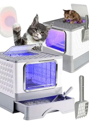 Закритий туалет для котів з уф-лампою і шухлядою xxl білий cs-0606