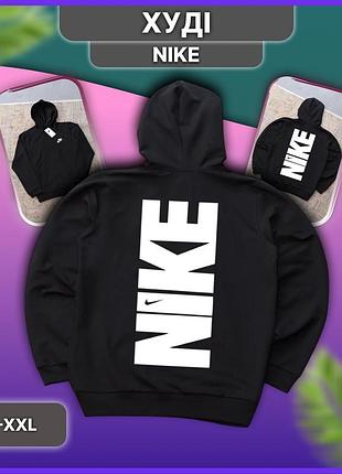 Весеннее осеннее мужское худи nike big logo с принтом на спине, тёплая чёрная толстовка найк биг лого с капюшоном, без флиса