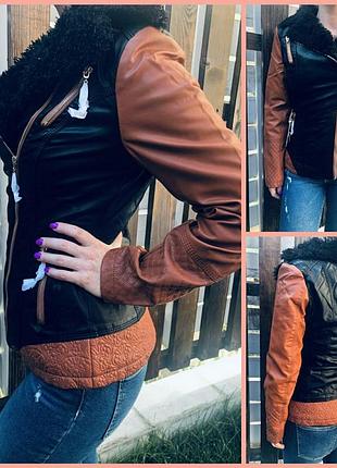 Куртка женская из экокожи, на меху внутри, с меховым воротником os 2xl, черный с коричневым