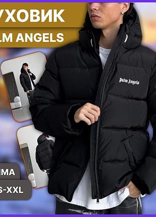 Зимний чёрный тёплый пуховик palm angels с капюшоном водонепроницаемый, утеплённая мужская куртка палм ангелс на зиму xl