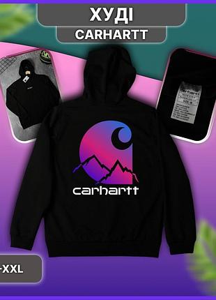 Чорне чоловіче худі carhartt з капюшоном, весняна осінка тепла толстовка кофта кархарт із фіолетовим принтом ззаду, без флісу xl