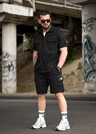 Комплект мужской летний черный рубашка + шорты stone island black! костюм мужественный летний чёрный stone island! размеры s-4xl!