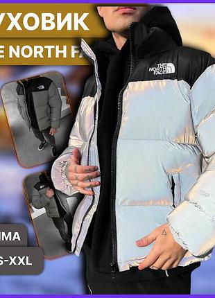 Рефлективний зимовий теплий пуховик the north face 700 з капюшоном, світловідбивна зимова куртка зе норд фейс утеплена m