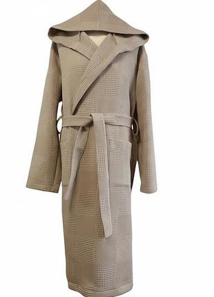 Халат женский вафельный банный в бассейн домашний хлопчатобумажный с капюшоном капучино 48