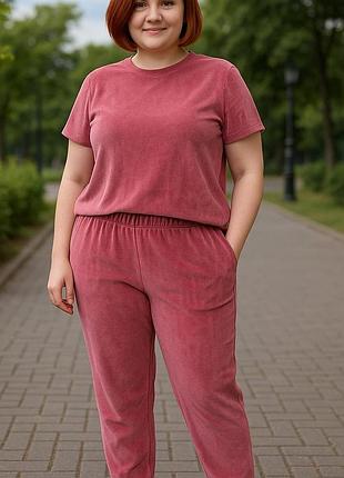 Жіноча велюрова піжама футболка штани фрезовий оксамитовий домашній костюм 56