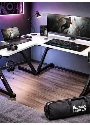 Угловой геймерский стол 154x117 см карбоновое покрытие для работы и игр белый huzaro cs-0491