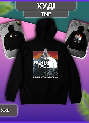 Чёрное мужское худи the north face с принтом горы на спине, весеннее осеннее худи кофта зе норд фейс с капюшоном без флиса