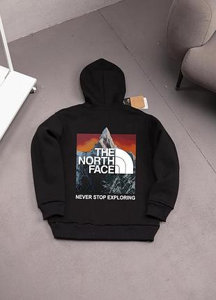 Зимове худі the north face чорне з принтом оранжевої гори на спині, утеплена флісова толстовка зе норд фейс з капюшоном