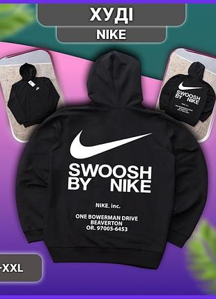Чорне чоловіче худі nike big swoosh з двонитки з логотипом на спині, тепла кофта толстовка найк біг свуш біго без флісу l
