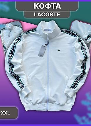 Біла чоловіча олімпійка lacoste з лампасами, весняна осінка кофта лакоста без капюшона з двонитки, без флісу зі змійкою s