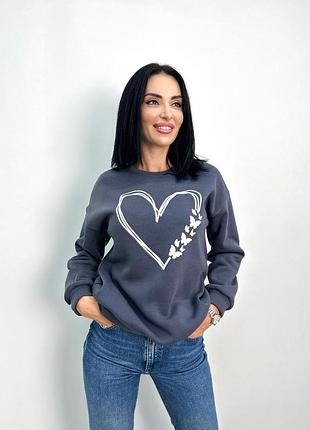 Утепленный свитшот с принтом "heart" оптом | норма и батал графит, 46-48