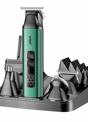 Триммер vgr v-117 green 6в1 мужской с питанием от аккумулятора 14 насадок с led дисплеем на подставке зеленый