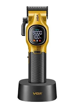 Універсальна машинка для стрижки vgr v-886c gold з 6 насадками професійна акумуляторна на підставці led-дисплей золотиста