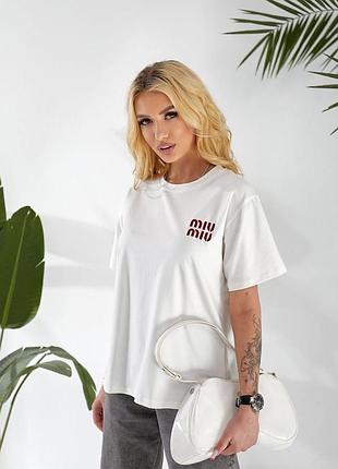 Жіноча футболка оверсайз з вишивкою miu-miu з турецького куліру (белый, 42-46)
