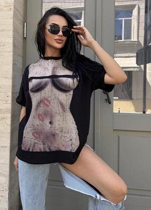 Exclusiv смілива чорна жіноча футболка з принтом жіночого тіла розмір l