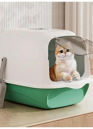Закритий туалет для котів із дверцятами та совком 50x35x33 см зелений пп сs-0384