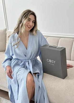 Женский халат кимоно длинный cosy duna из фактурного муслина, голубой 2xl/3xl