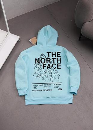 Стильное зимнее худи the north face бирюзовое с логотипом на спине, хлопковая кофта зе норд фейс с капюшоном и карманом